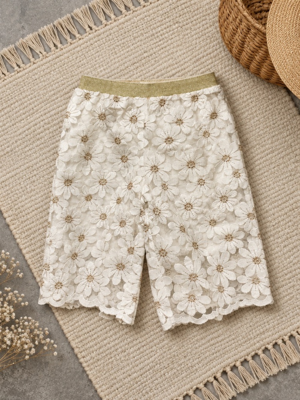 NWT Doe A Dear Toddler Girls White Culottes Pants Gold Flower Motif - Size 4T